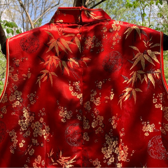 Vintage Cheongsam Qipao, maxi-dress, red, gold, black embroidery - Picture 4 of 9